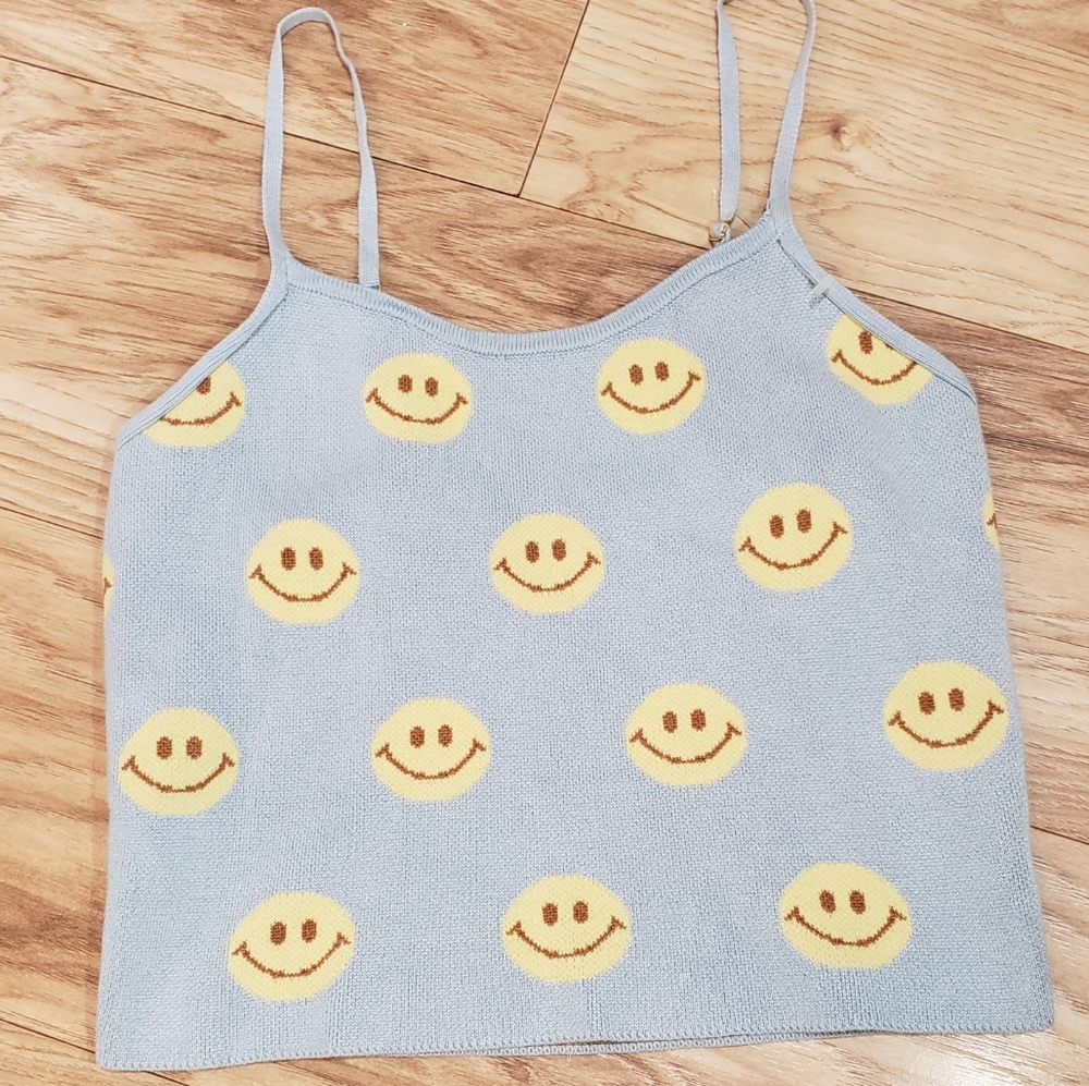 Y2k Cropped  Top Sweater Cami Smilely Face Large,baby Blue ,babydoll